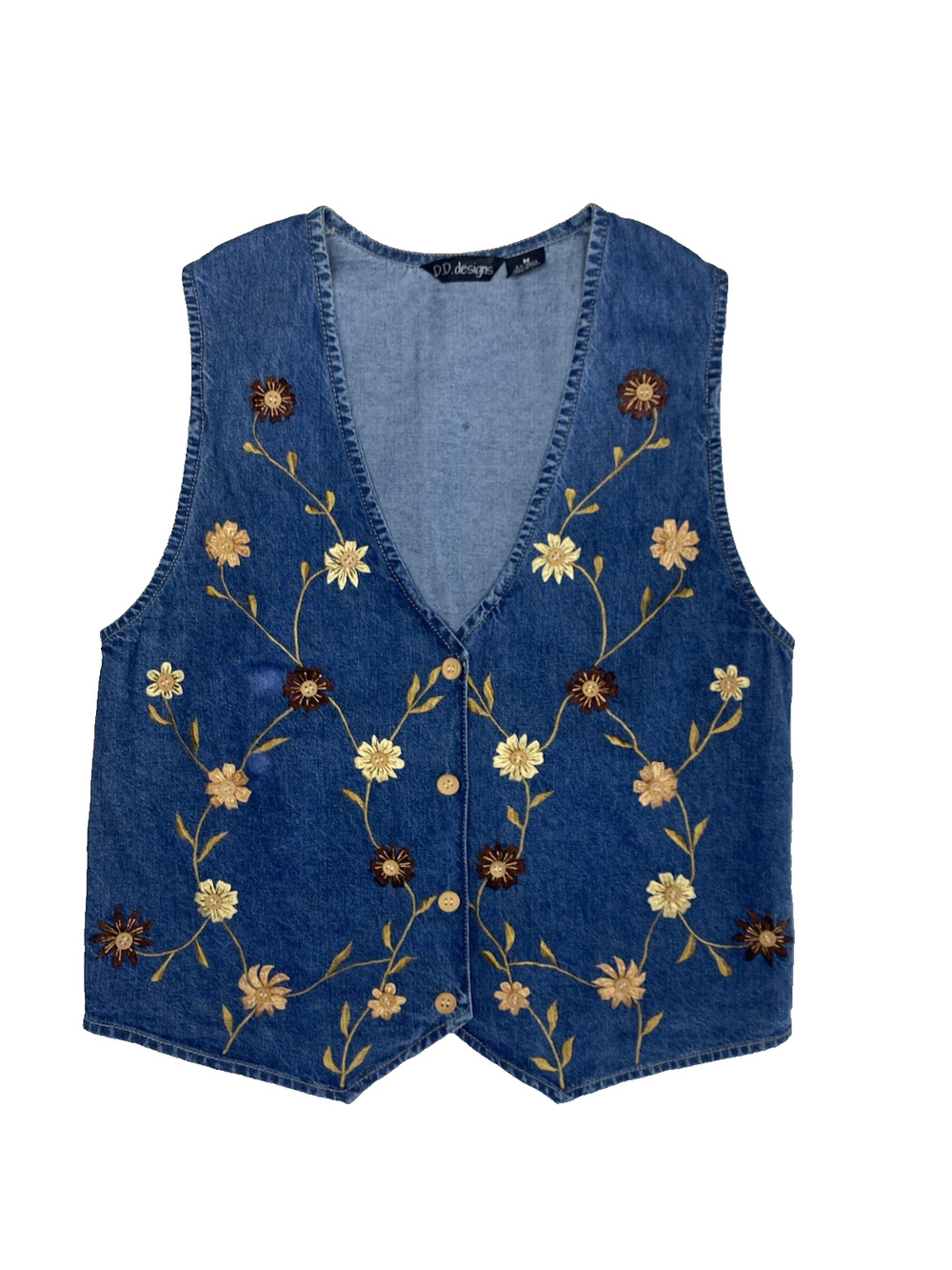 90s Cottagecore Denim Vest Embroidered Flowers Womens Medium Vintage Boho Artsy